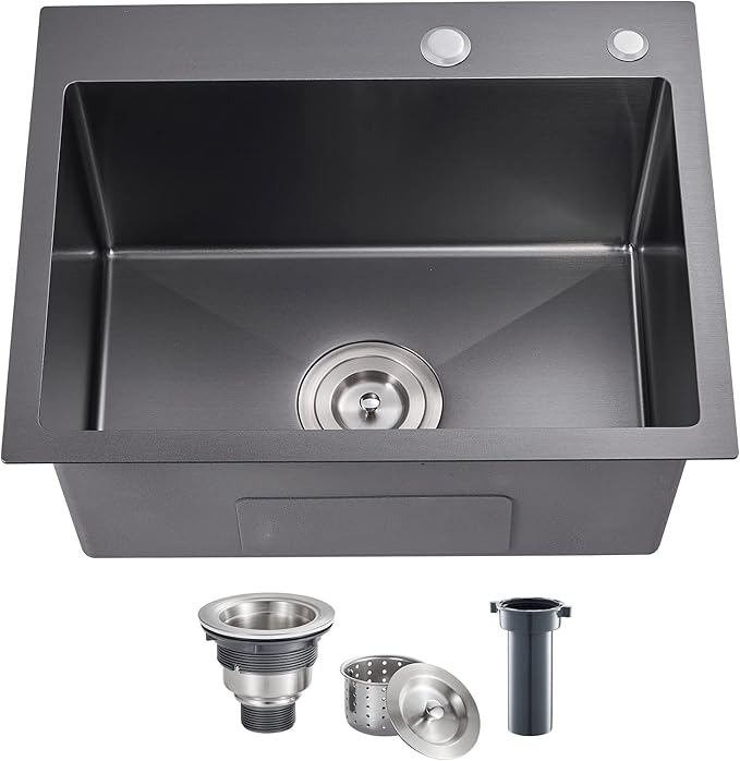 POPFLY 22x18 inch Drop In Kitchen Sink, 18 Gauge 304 Stainless Steel Top mount Single Bowl Handmade 2 Holes Bar Small Sink 9 inch Deep, Black 18" Kitchen Prep Sink