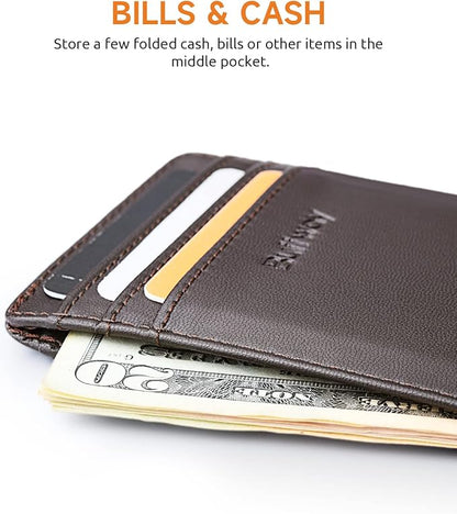 Buffway Mens Slim Wallet, Minimalist Thin Front Pocket Leather Credit Card Holder with RFID Blocking for Work Travel