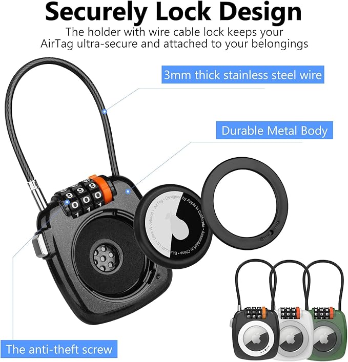 Compatible with Apple AirTag Secure Lock with Wire Cable, 3-Digit Combination Luggage Locks, Alloy Body Ultra Durable Anti-Lost Protective Case for Luggage, Bags, Suitcase, and Backpacks (BLACK)