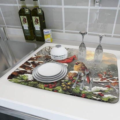 Winter Dish Drying Mat for Kitchen Counter 18x24 Inch Red Birds Cardinal Tree - Image 6
