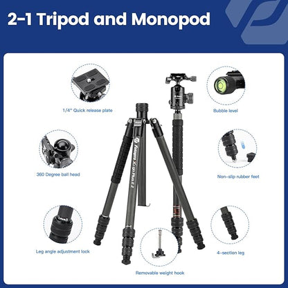 Fotopro 73" Carbon Fiber Tripod for Camera, Compact Travel Tripod with Ball Head, Detachable Monopod with Quick Release Plate and Camera Bag, Load up to 22lbs/10KG