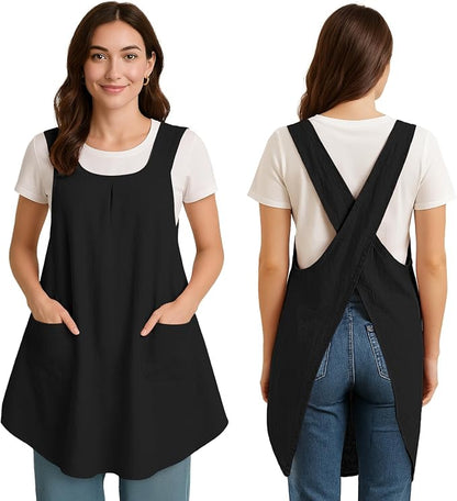 Apron for Women with Pocket Cotton Linen, Japanese Cross Back Apron for by ROLOSI
