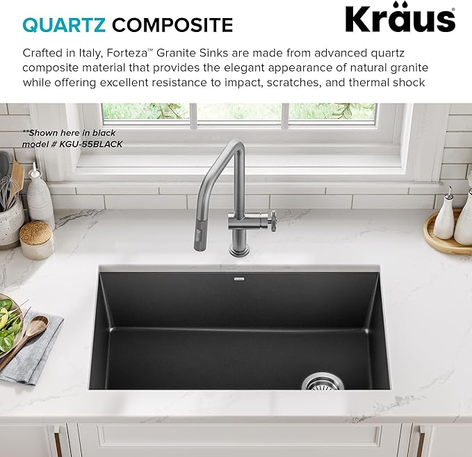 KRAUS Forteza 32-inch Granite Undermount Single Bowl White Kitchen Sink, KGU-55WHITE