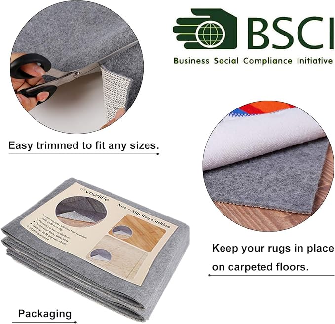 Non Slip Rug Pad Grippers - 8x11, 1/8" Thick, (Felt + Rubber) Double Layers Area Carpet Mat Tap, Provides Protection and Cushioning for Hardwood or Tile Floors