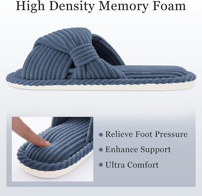 Evshine Summer House Slippers for Women Corduroy Cross Bow Indoor Slippers Open - Image 4