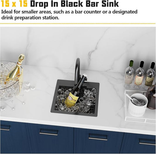 Small Black Kitchen Sink,15x15 Inch Stainless Steel Drop In Topmount Kitchen And Bar Sink Ideal Choice For For Small Space, Prep Area, RV With Bottom Grid,Soap Mat And Drain Assembly