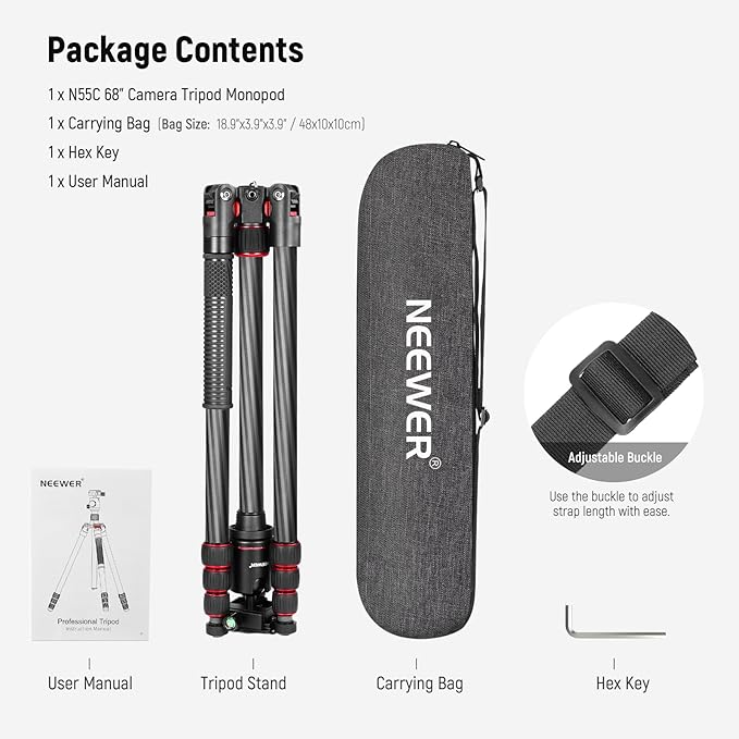 NEEWER 66"/168cm Carbon Fiber Tripod for Camera with 360° Panorama Ball Head, 1/4" Arca QR Plate, Portable Bag, Compact Travel Tripod Monopod for DSLR Video Camcorder, Max Load 26.5lb/12kg, N55C