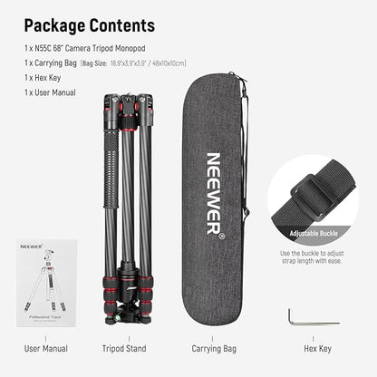 NEEWER 66"/168cm Carbon Fiber Tripod for Camera with 360° Panorama Ball Head, 1/4" Arca QR Plate, Portable Bag, Compact Travel Tripod Monopod for DSLR Video Camcorder, Max Load 26.5lb/12kg, N55C