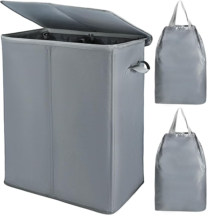 Voova 154L Double Laundry Hamper with Lid and 2 Removable Laundry Bags, Large Collapsible 2 Dividers Dirty Clothes Basket with Handles for Laundry Room, Bedroom, Bathroom, College Dorm, Grey