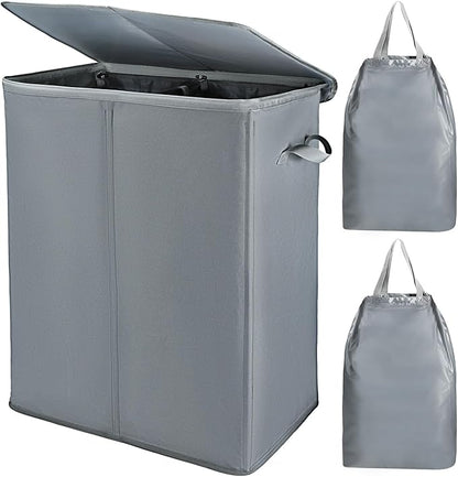 Voova 154L Double Laundry Hamper with Lid and 2 Removable Laundry Bags, Large Collapsible 2 Dividers Dirty Clothes Basket with Handles for Laundry Room, Bedroom, Bathroom, College Dorm, Grey
