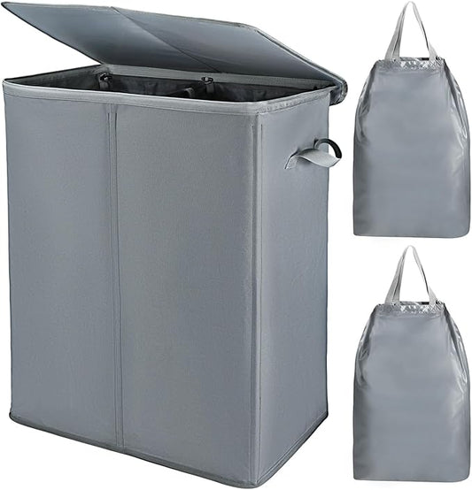 Voova 154L Double Laundry Hamper with Lid and 2 Removable Laundry Bags, Large Collapsible 2 Dividers Dirty Clothes Basket with Handles for Laundry Room, Bedroom, Bathroom, College Dorm, Grey