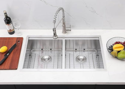 COMLLEN 33 Inch Double Bowl Undermount Kitchen Sink,33x19 Inch Workstation 16 Gauge Stainless Steel Double Kitchen Sinks with Cutting Board,9 Inch Deep Sink Maximizes Space Efficiency