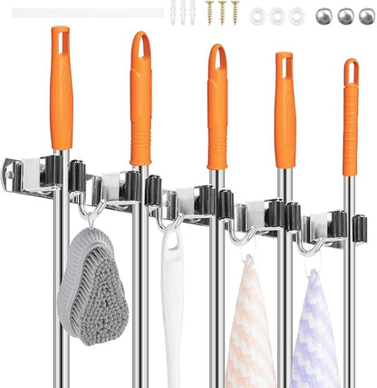 2Pcs 5 Racks 4 Hooks Stainless Steel Broom Mop Holder Anti Slip Wall Mount - Image 9