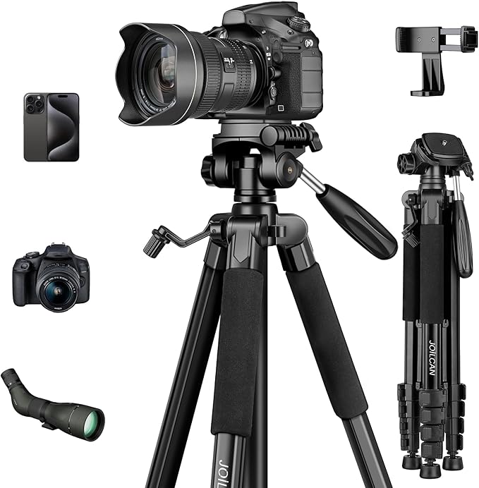 JOILCAN 75" Camera Tripod, Tripod for Camera Cell Phone, Aluminum Heavy Duty Tripods Stand, Tall Travel Tripods with Carry Bag Compatible with iPhone Canon Nikon DSLR Camera Laser Projector