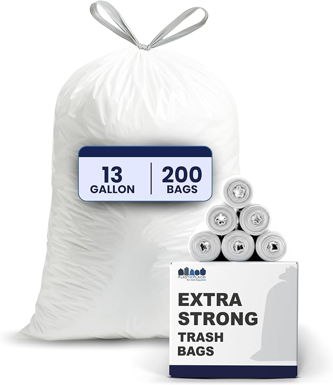 Plasticplace 13 Gallon Trash Bags â”‚ 1.2 Mil â”‚ White Drawstring Garbage Can by Plasticplace