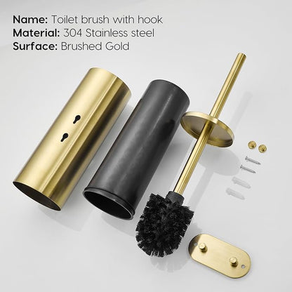 Gold Brushed Stainless Steel Toilet Brush and Cover, No-Punch Hook Base Dual - Image 6
