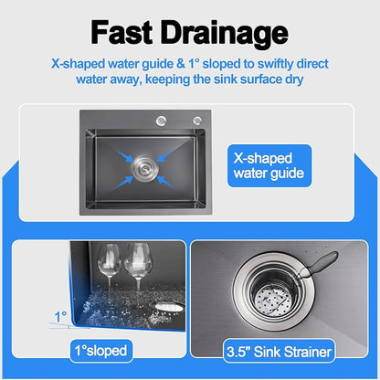 25x18x9 Inch Drop in Kitchen Sink, Handmade 304 Black Stainless Steel Single - Image 8