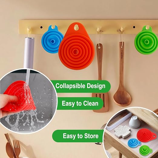 Kitchen Funnel Set of 6, Food Grade Foldable Small and Large Funnel Colorful - Image 4
