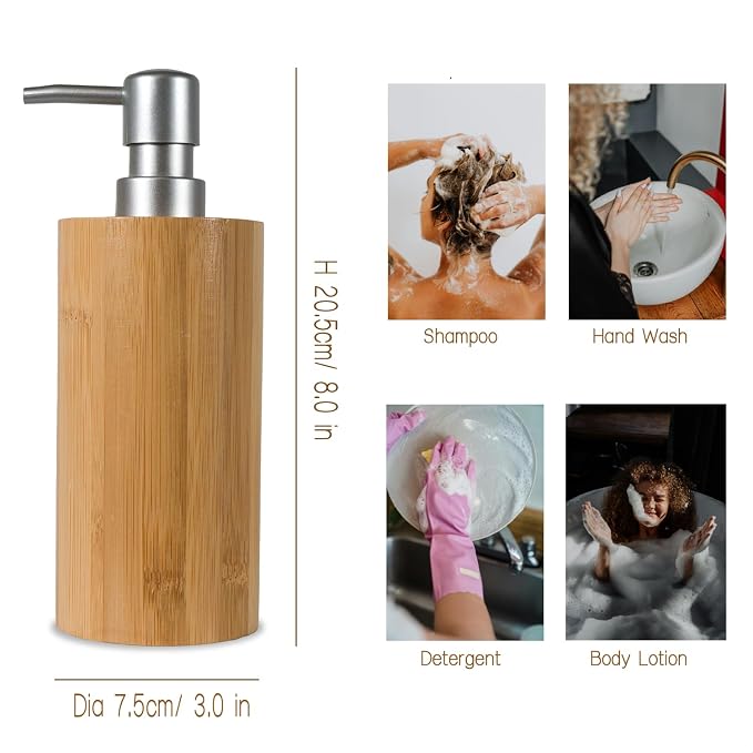 2 Pack Natural Bamboo Liquid Soap Dispensers, 10 oz Refillable Bottles - Image 3