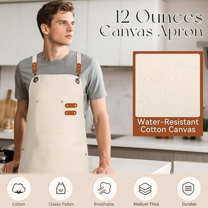 Chef Aprons for Men Women with Large Pockets, Cotton Canvas Water Repellent - Image 7