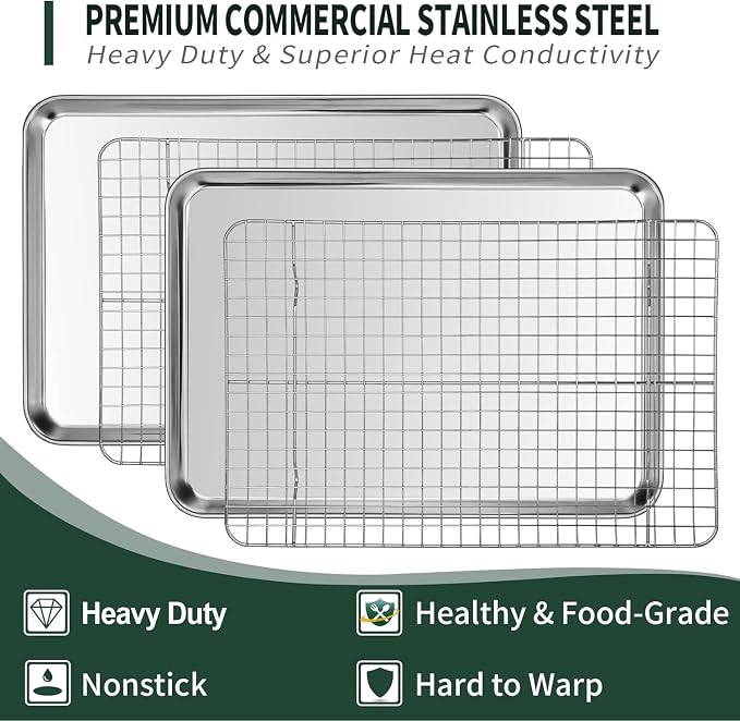 Jelly Roll Pan with Cooling Rack Set, CEKEE Stainless Steel Baking Sheet Tray - Image 3