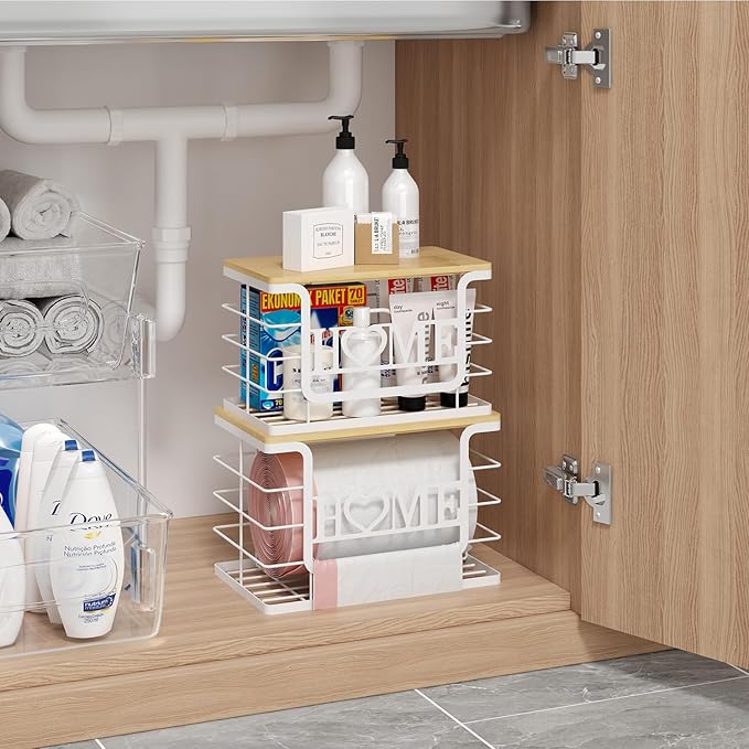 Trash Bag Holder, Thipoten Trash Bags Dispenser with Bamboo Top, Suitable for Garbage Bags Purchased Online or Supermarket, Perfect Storage Organizers for Cabinet, Under Sink (White, Large)