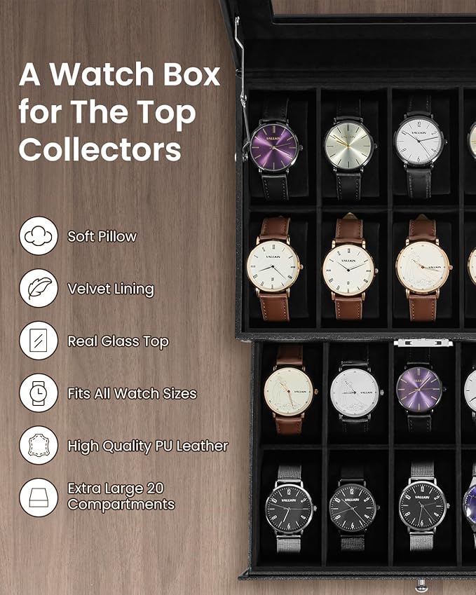 Uten 20-Slot Watch Box, 2-Layers PU Leather Watch Case with Glass Lid, Watch Holder Organizer with Soft Pillow and Velvet Lining, Watch and Jewelry Storage Box, Black