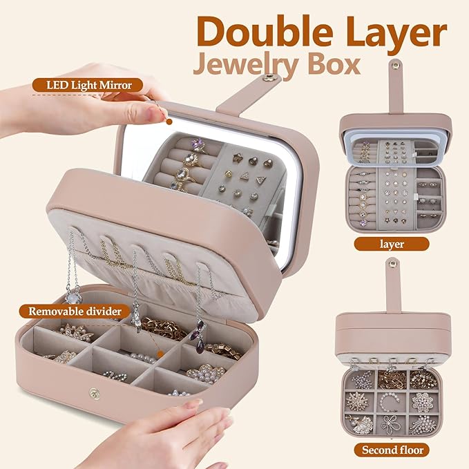 Travel Jewelry Case with LED Lighted Mirror, Personalized Birthday Gifts for Women Girls Kids, 2-Layer Portable Travel Jewelry Organizer, Travel Essentials (Autumn Apricot)