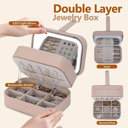 Travel Jewelry Case with LED Lighted Mirror, Personalized Birthday Gifts for Women Girls Kids, 2-Layer Portable Travel Jewelry Organizer, Travel Essentials (Autumn Apricot)