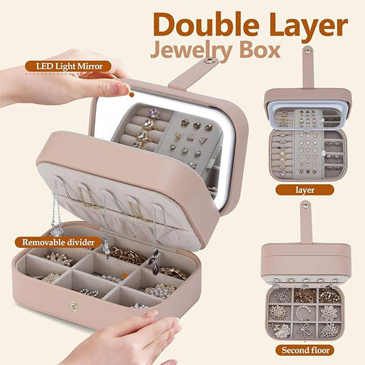 Travel Jewelry Case with LED Lighted Mirror, Personalized Birthday Gifts for Women Girls Kids, 2-Layer Portable Travel Jewelry Organizer, Travel Essentials (Autumn Apricot)