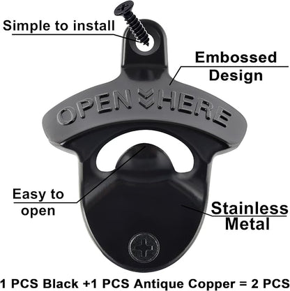 Old Fashion Bottle Opener Wall Mounted Stainless OPEN HERE Black Screw in Wall - Image 2