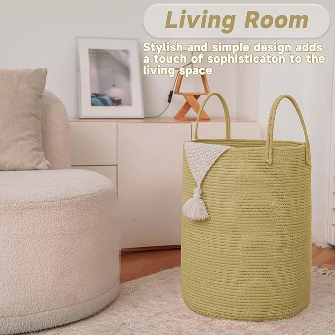 Large Woven Laundry Basket Hamper, 60L Cotton Rope Storage Bin - Image 3