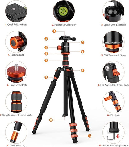 GEEKOTO Compact Aluminum Camera Tripod with 360° Ball Head, 77-Inch Professional Stand with 1/4" Quick Release Plate for DSLR, Video Conferencing, Travel and Work