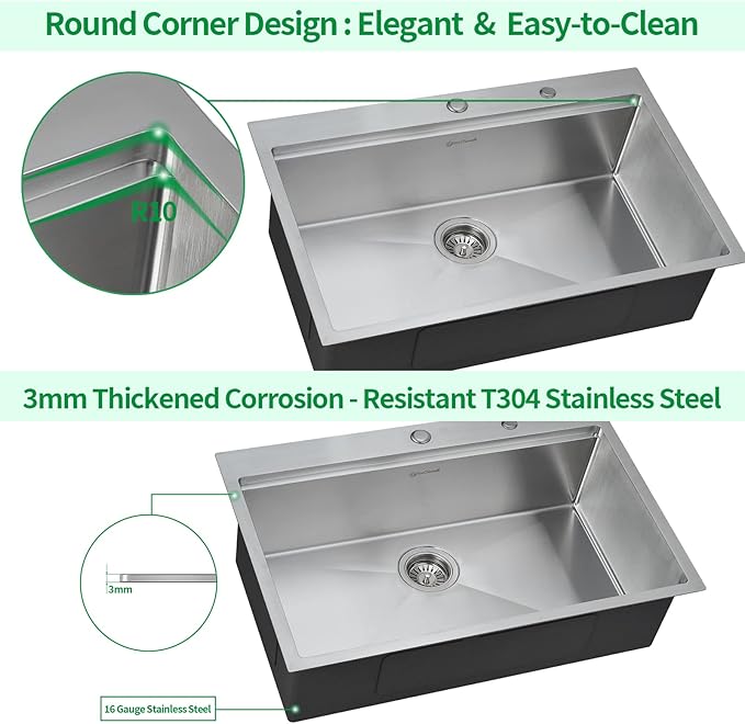 Kitchen Sink, 33 x 22 Drop in Kitchen Sink 16 Gauge Stainless Steel Kitchen Sinks Single Bowl Workstation Sink with Cutting Board