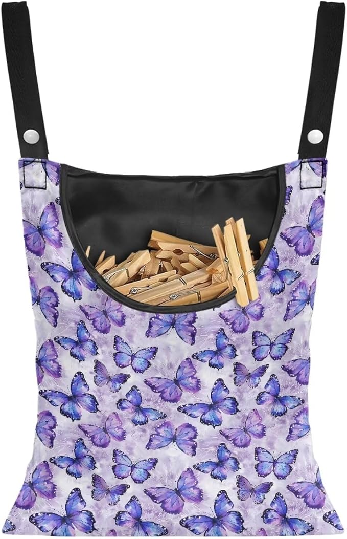 Butterfly Purple Clothespin Bag for Clothesline Outdoor, Soft & Lightweight Hanging Bag for Laundry, Clothes Pins Bag Holder Outdoor, Clothes Pin Bag for Outside
