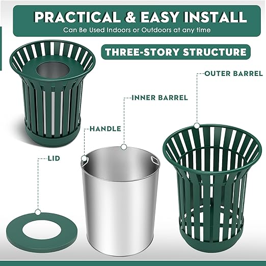 8Gallon Round Large Outdoor Trash Can, Heavy Duty Metal Slatted Garbage Can Outdoor, All Weather Resistant Commercial Garbage Cans, Waste Receptacle in Park, School, Beach, Patio (Green, Medium)