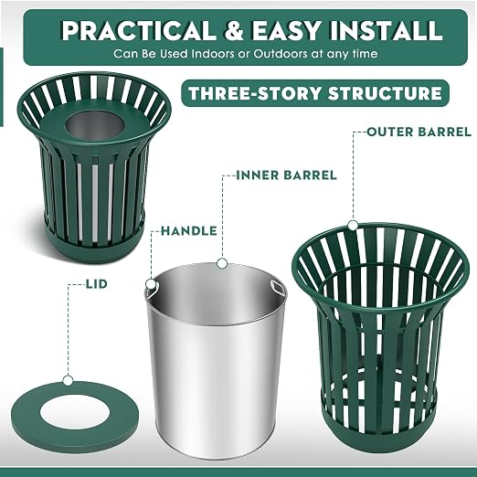 16Gallon/62L Commercial Outdoor & Indoor Metal Trash Can, Outdoor Slatted Trash - Image 4