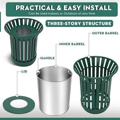 16Gallon/62L Commercial Outdoor & Indoor Metal Trash Can, Outdoor Slatted Trash - Image 4
