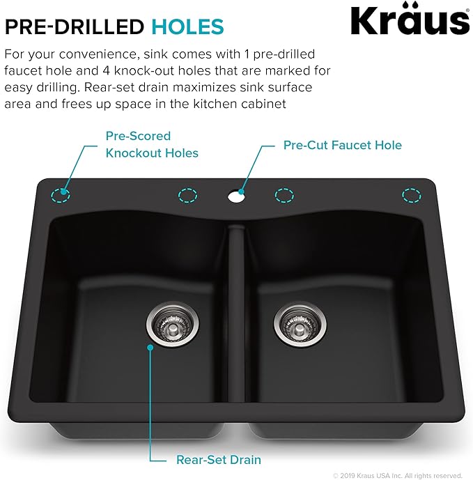 KRAUS Forteza 33-inch Drop in/Undermount 50/50 Double Bowl Granite Kitchen Sink in Black, KGD-52BLACK