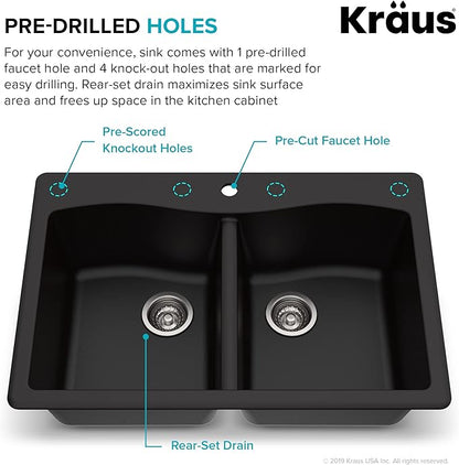 KRAUS Forteza 33-inch Drop in/Undermount 50/50 Double Bowl Granite Kitchen Sink in Black, KGD-52BLACK