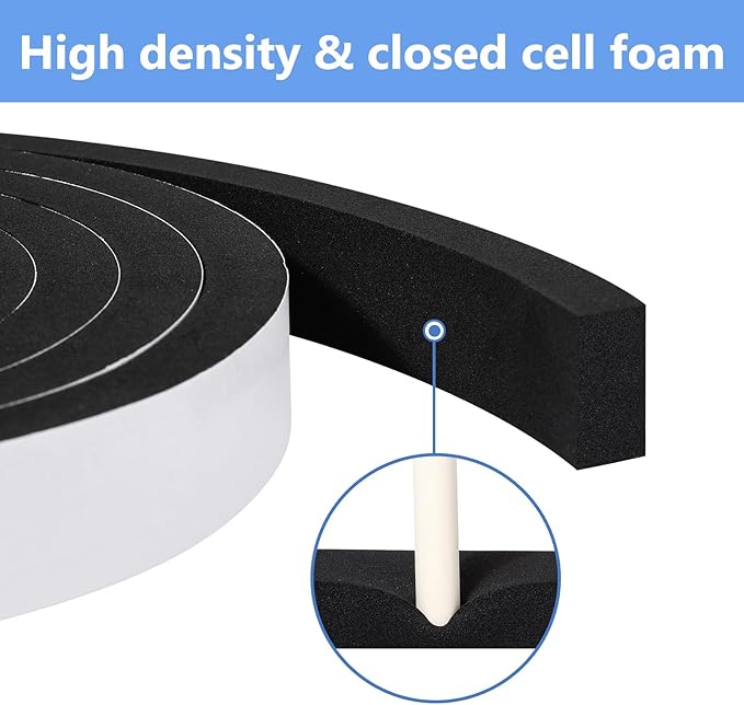 Weather Stripping Door Seal Strip- 1/2 Inch X 1/2 Inch X 10Feet, Strong Adhesive, Lightproof, Soundproof, Weatherproof Foam Tape Insulation for Sliding Door, Front Door Frame, Windows- Black