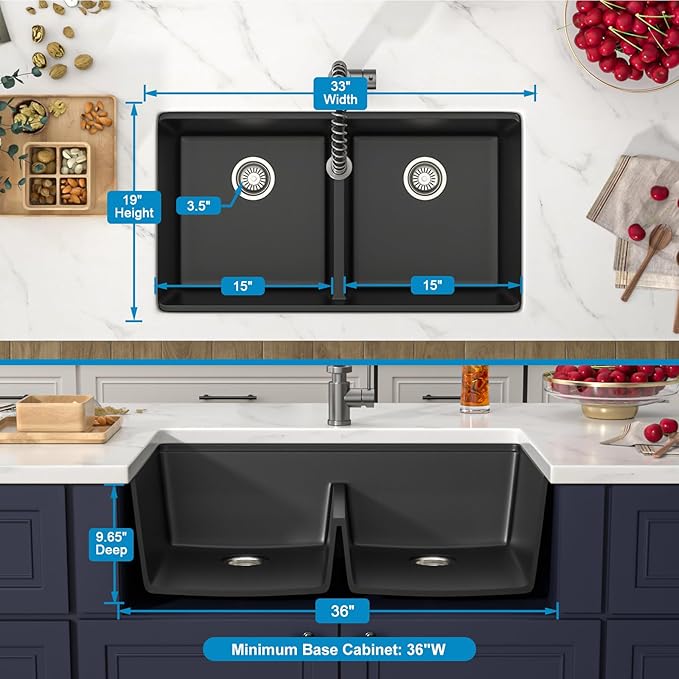 33 Inch Black Undermount Granite Composite Kitchen Sink Under Counter Quartz Single Bowl Sink Workstation Sinks with Accessories Quick Drain Noise Reduction Home Renovation Classic Style