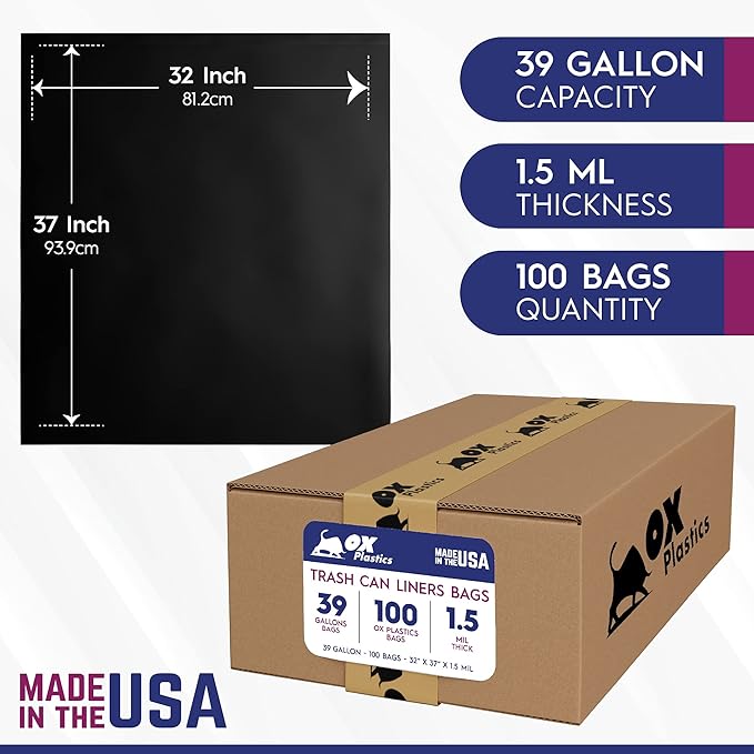 OX Plastics Black Trash Bags - Heavy Duty Garbage Bags, Extra Thick Unscented Large Trash Can Liners for Home, Outdoor, and Commercial Use - 39 Gallon, 100 Count