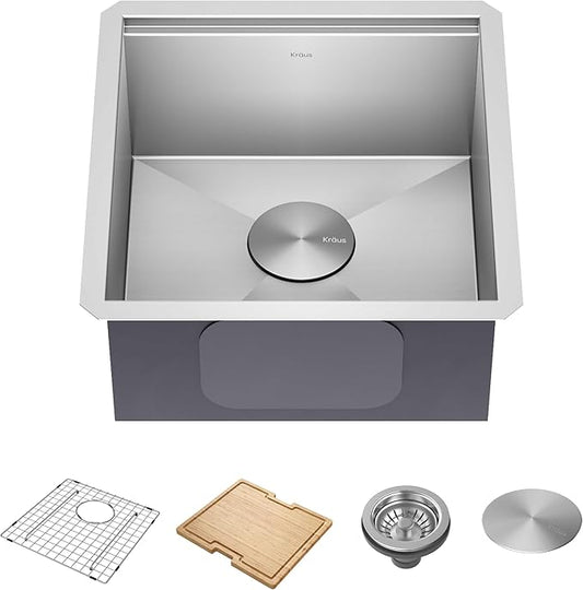 KRAUS Kore 17-Inch Undermount Workstation 16 Gauge Single Bowl Stainless Steel Bar Kitchen Sink with Accessories, KWU111-17