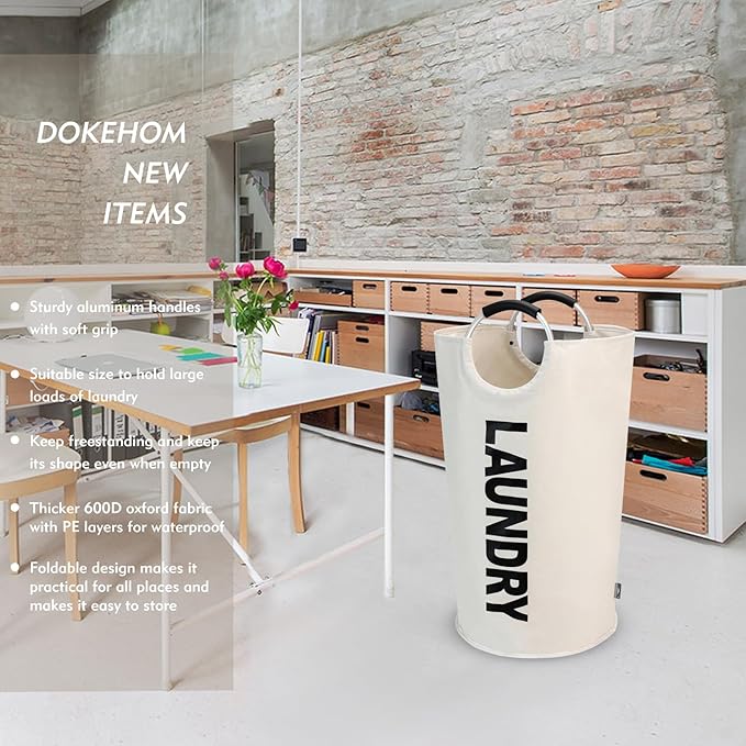 DOKEHOM 90L Large Laundry Basket, Collapsible Laundry Bag, Freestanding Tall Clothes Hamper, Foldable Washing Bin (Beige)