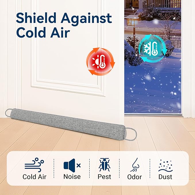 Door Draft Stopper for Bottom of Door, 36’’ Heavy Duty Under Door Draft Blocker Gap Filler, Door Seal for Noise Light Cold Air, with Adhesive Strips, Light Gray