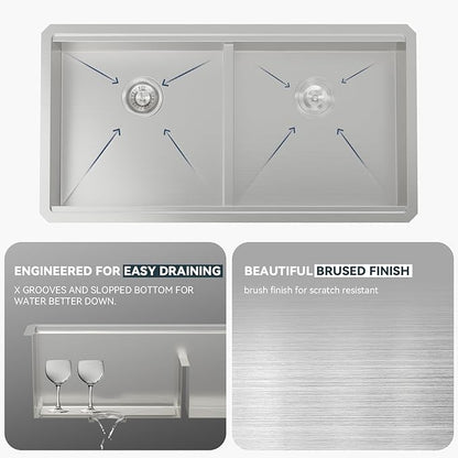 Lordear 36 Inch Undermount Kitchen Sink Double Bowl Stainless Steel Kitchen Sinks 50/50 Low Divided 16 Gauge Undermount Sink 36x19x10 Inch Handmade