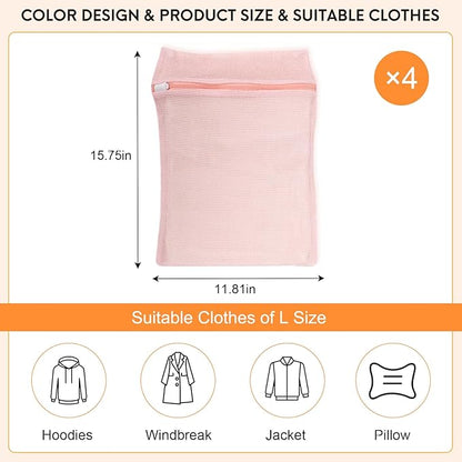 4-Piece Pink Medium Durable Organic Cotton Mesh Laundry Bags with Sturdy Zippers and Breathable Mesh are Delicate Laundry Bags for Underwear, Clothes, Pants and Socks