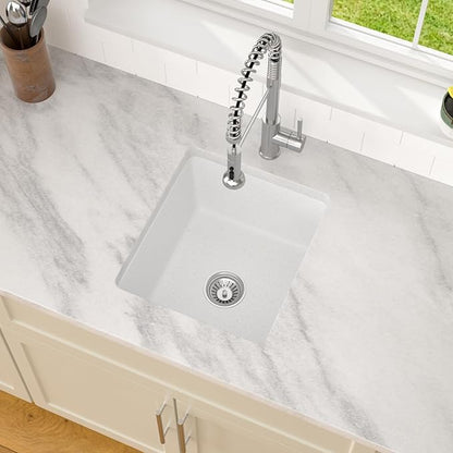 Dcolara 15 Inch White Undermount Wet Bar Sink Single Bowl Kitchen Sink Modern prep sink Granite Composite,DC-GUW001