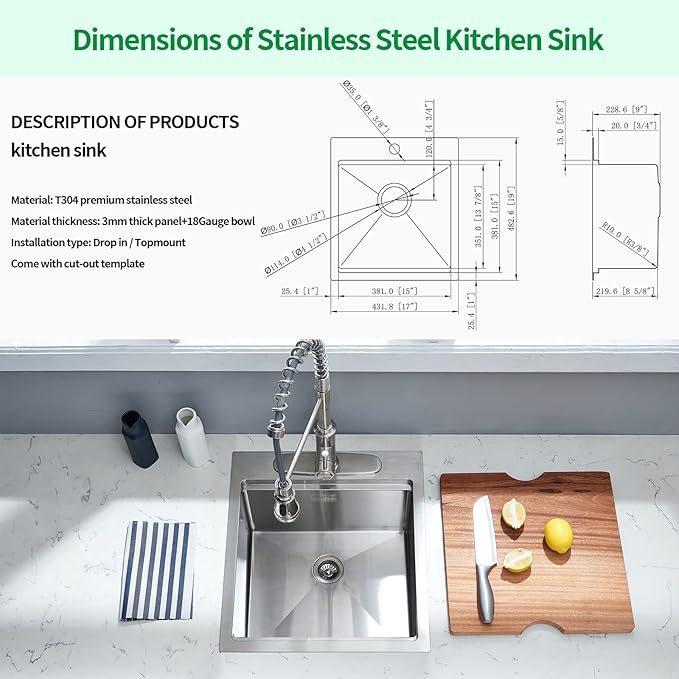 Kitchen Sink, 17 x 19 Inch Drop-in Bar Sink Stainless Steel Topmount Kitchen Sink Single Bowl Workstation Sink with Cutting Board